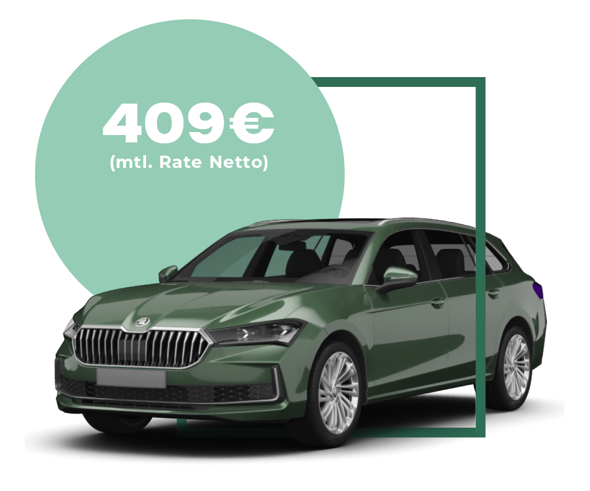 zu sehen ist ein grüner Škoda Superb