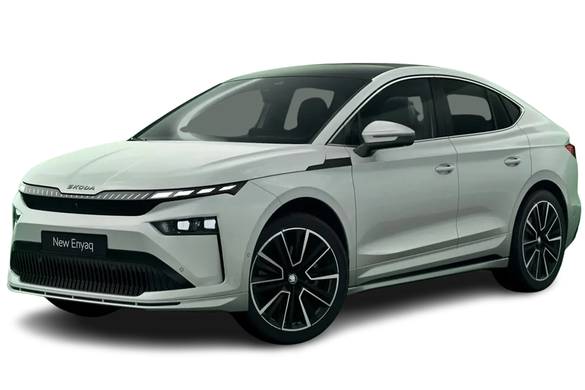 zu sehen ist ein weißer Enyaq Coupe